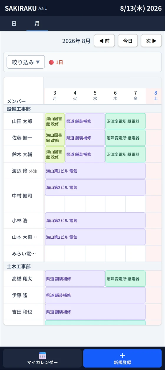 スマホの作業予定表 月(番割表)